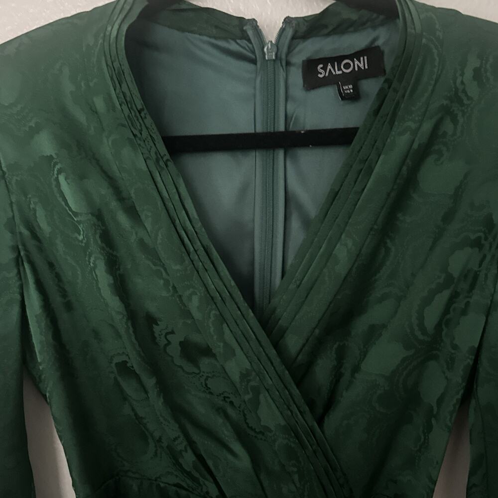 Saloni Bibi Mini Dress Green Silk Jacquard Long Sleeve Faux Wrap US 6 - Picture 5 of 14